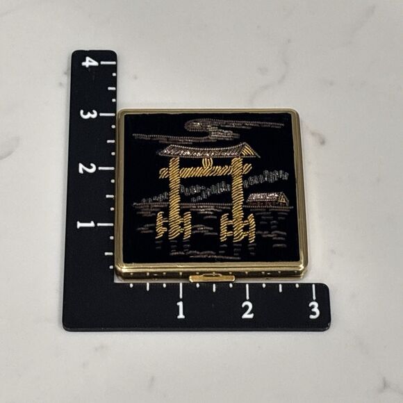 Vintage Compact Mirror Japan Black Velvet Beaded Gold Tone New Light - Picture 2 of 16